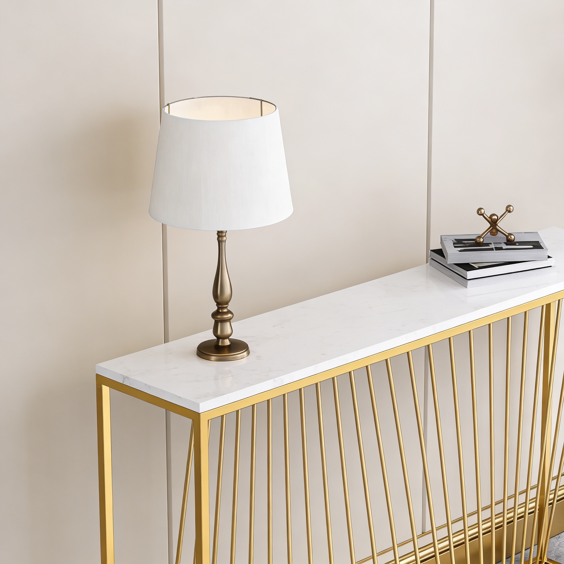 Linear Design Golden Metal Stand Console Marble Table