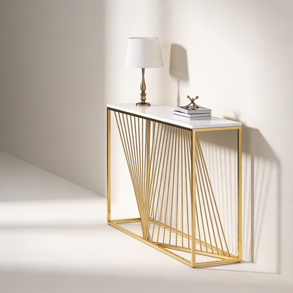 Linear Design Golden Metal Stand Console Marble Table