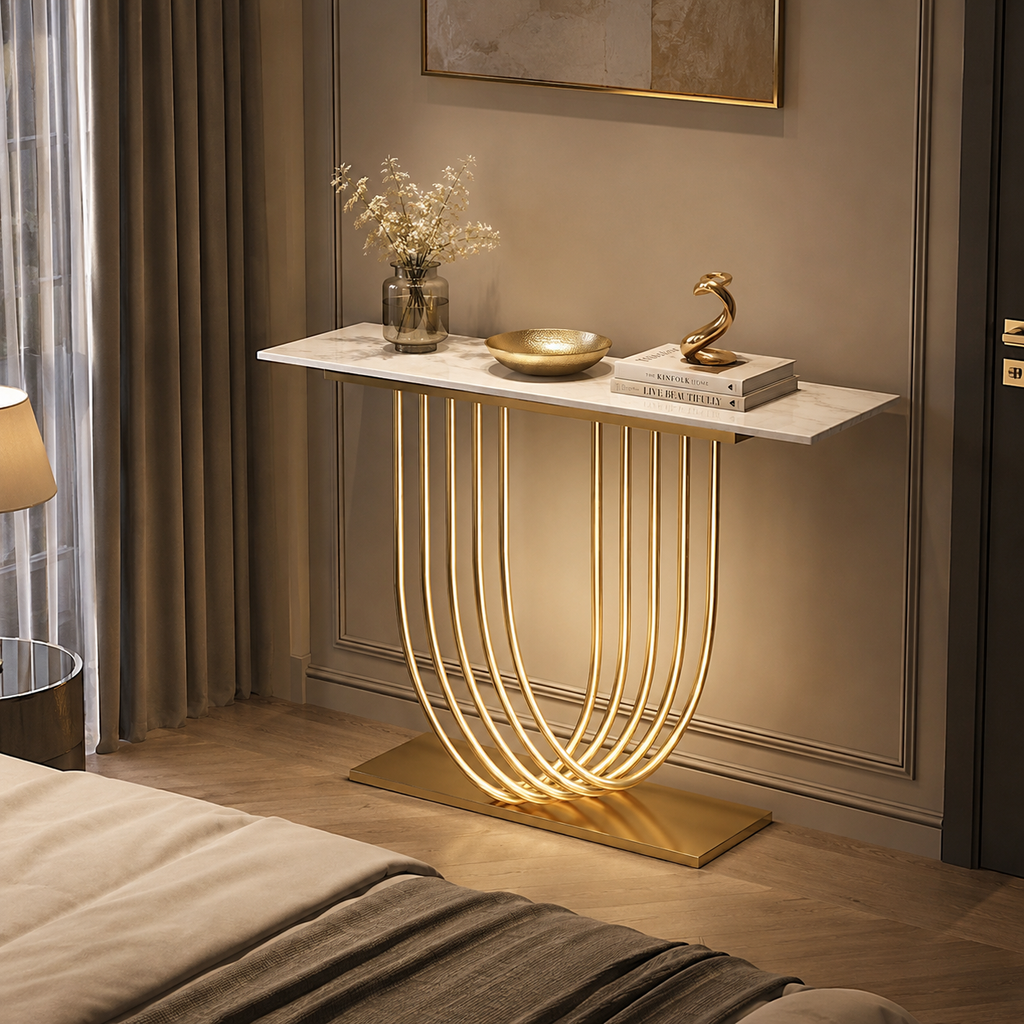 Luxury LED Console Table with Marble Top | Gold Home Decor