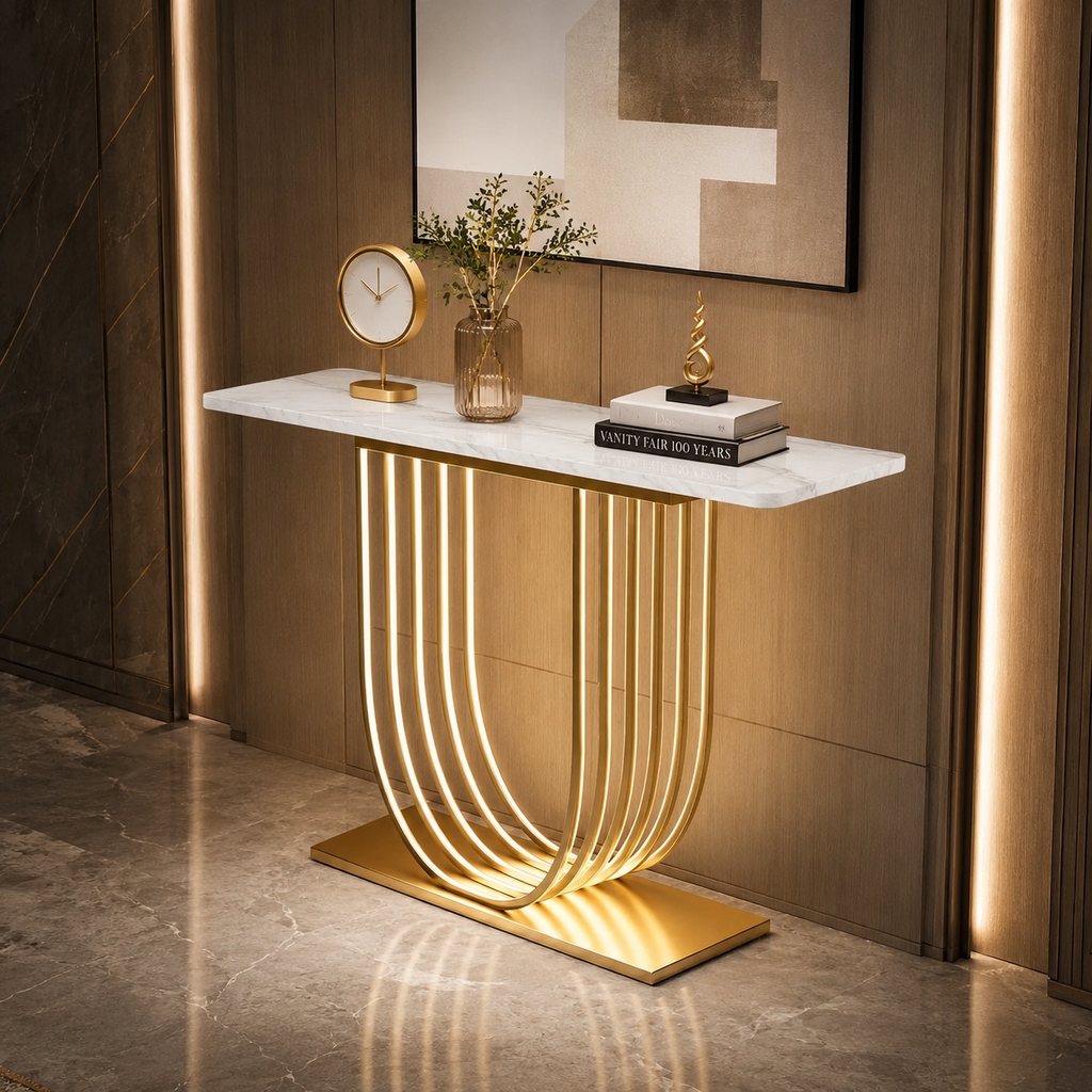 Luxury LED Console Table with Marble Top | Gold Home Decor