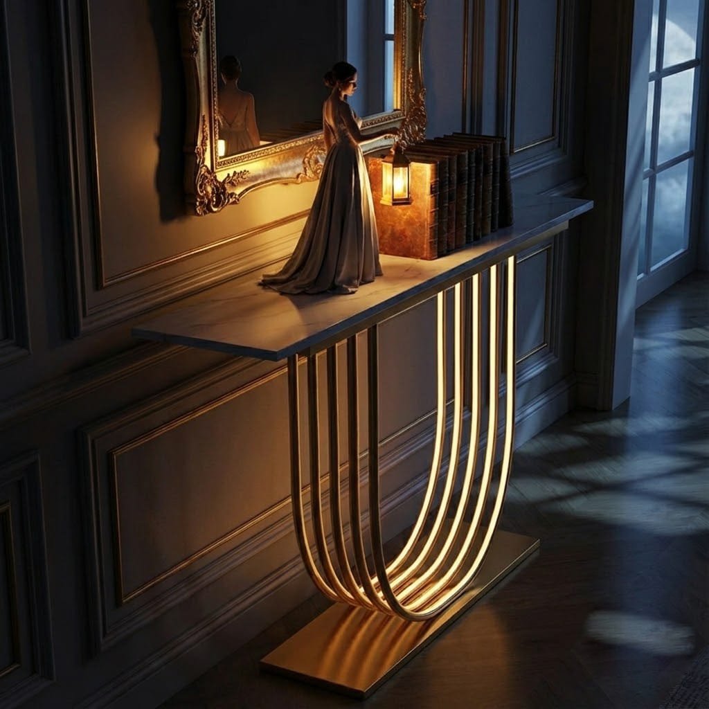 Luxury LED Console Table with Marble Top | Gold Home Decor (SS 304)