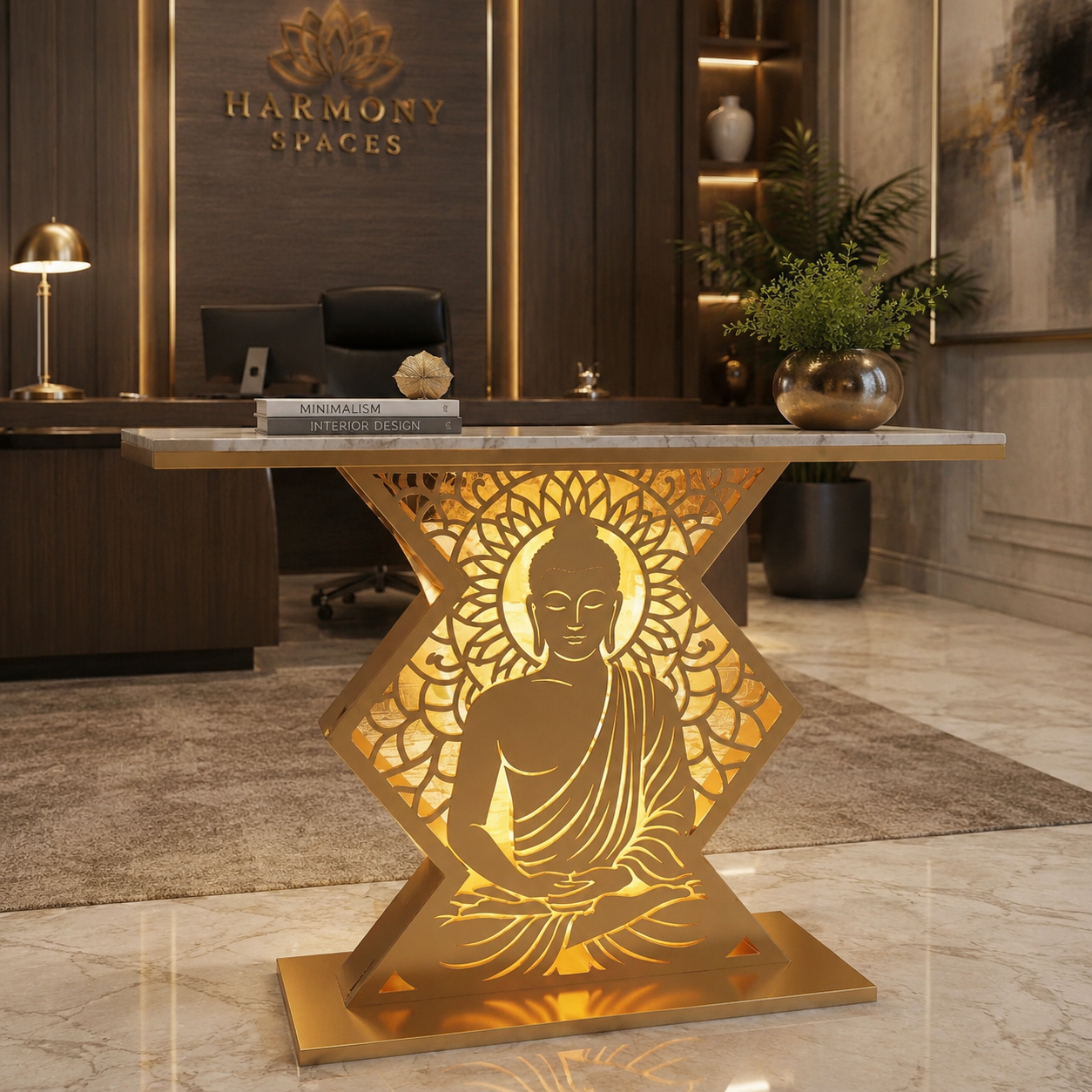Modern Spiritual LED Buddha Console Table for Office