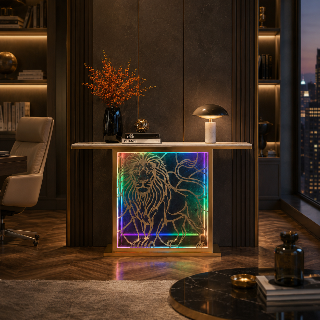 Modern LED Console Table with Lion Art for Luxury Decor (SS 304)