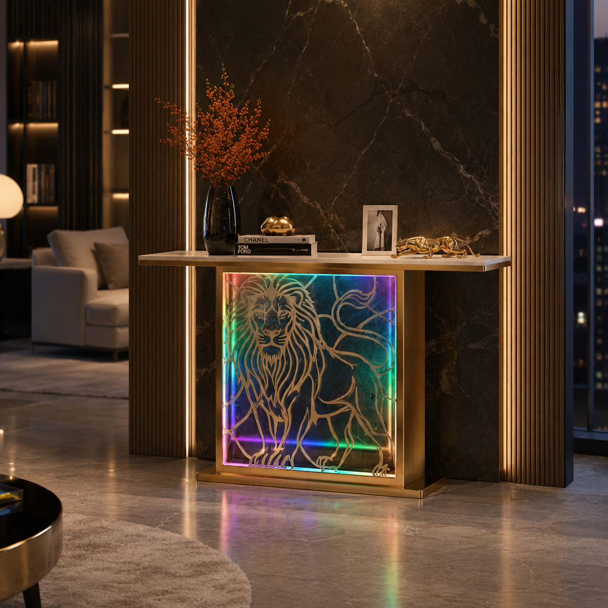 Modern LED Console Table with Lion Art for Luxury Decor (SS 304)