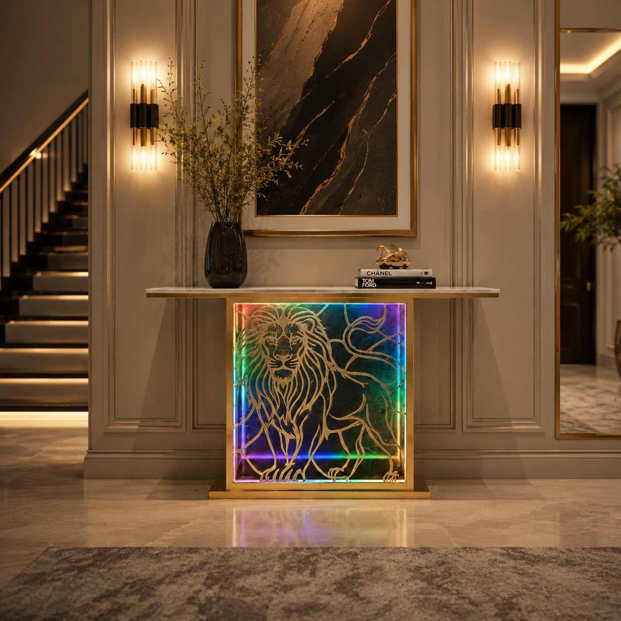 Modern LED Console Table with Lion Art for Luxury Decor (SS 304)