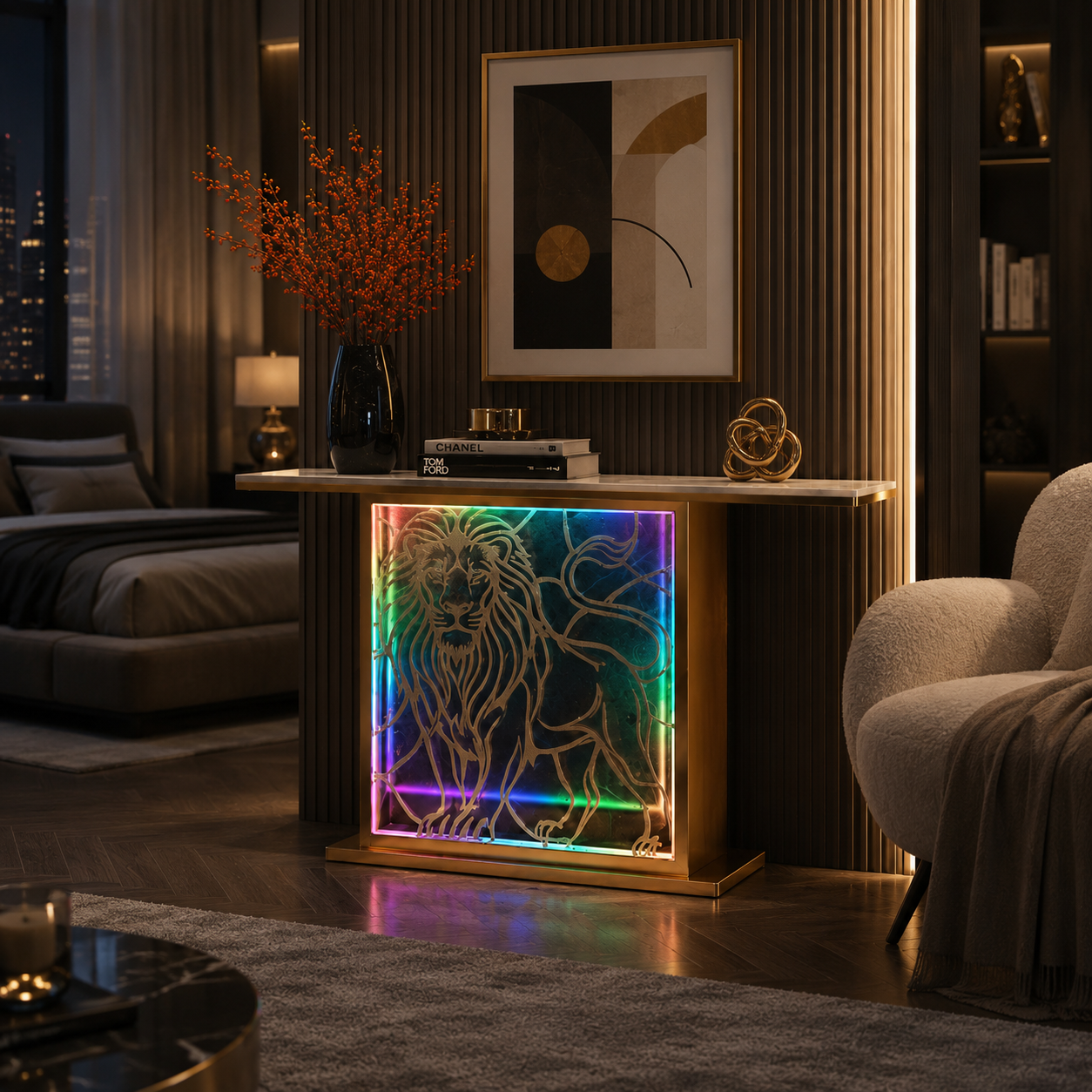 Modern LED Console Table with Lion Art for Luxury Decor