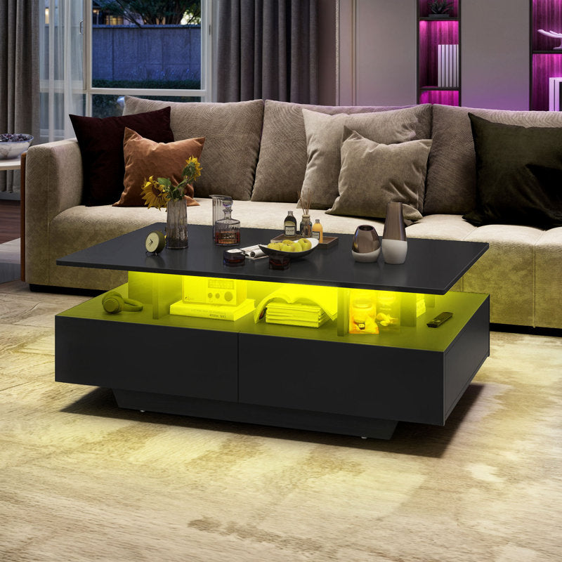 Modern Black LED Coffee Table With Storage Shelf and Contemporary Design