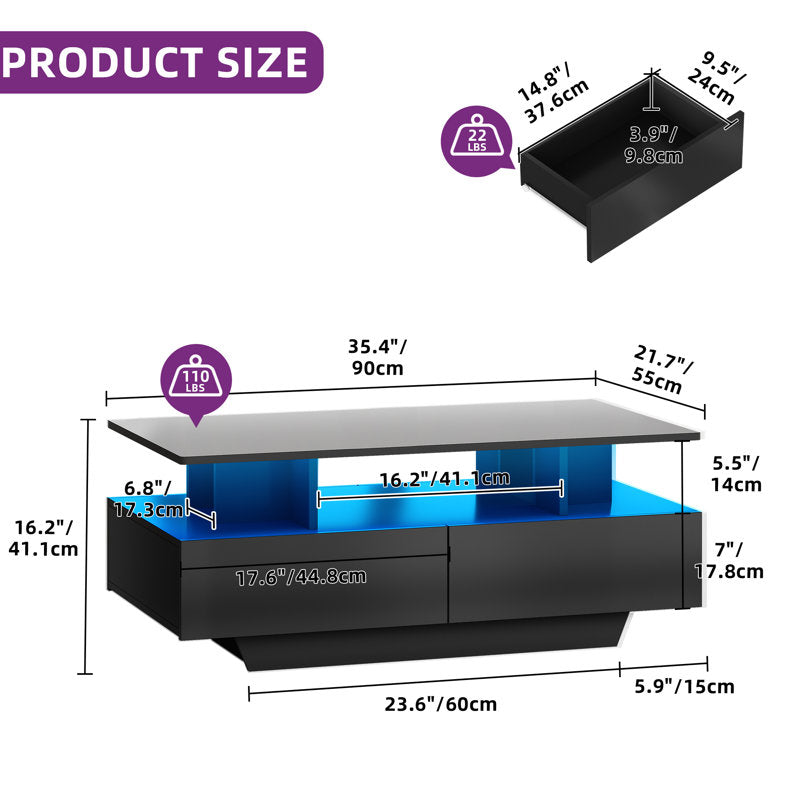 Modern Black LED Coffee Table With Storage Shelf and Contemporary Design