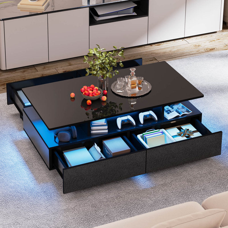 Modern Black LED Coffee Table With Storage Shelf and Contemporary Design