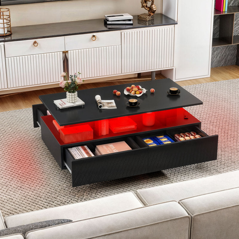 Modern Black LED Coffee Table With Storage Shelf and Contemporary Design