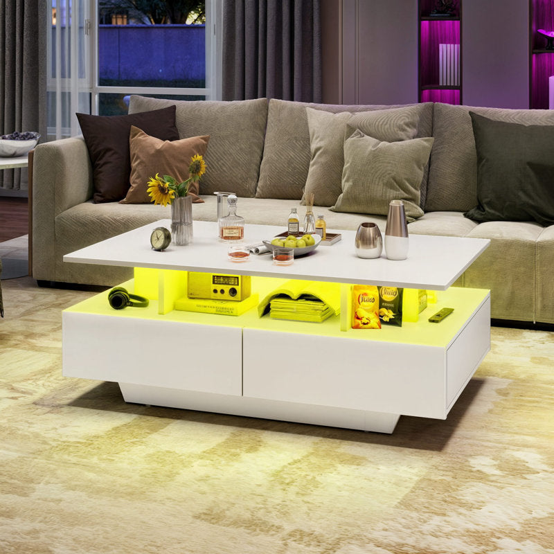 Modern White LED Coffee Table With Storage Shelf and Contemporary Design