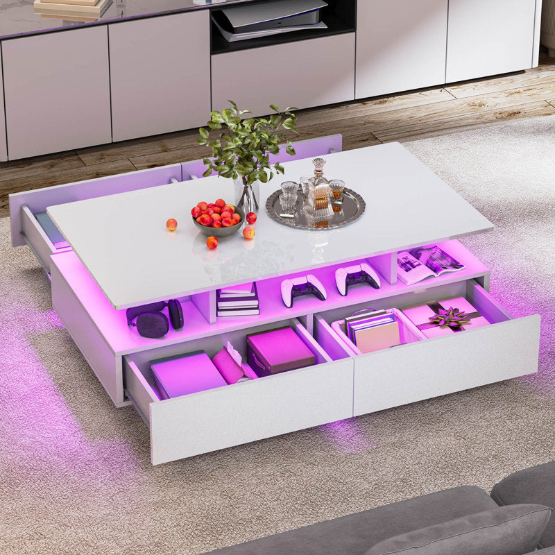 Modern White LED Coffee Table With Storage Shelf and Contemporary Design