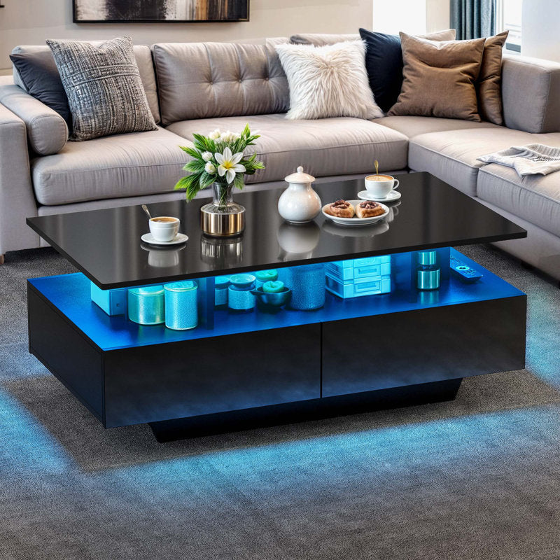 Contemporary Black LED Coffee Table With Storage Shelf  For Living Room