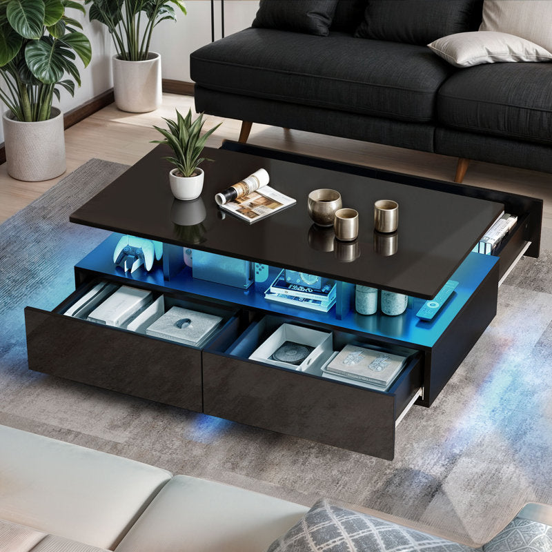 Contemporary Black LED Coffee Table With Storage Shelf  For Living Room