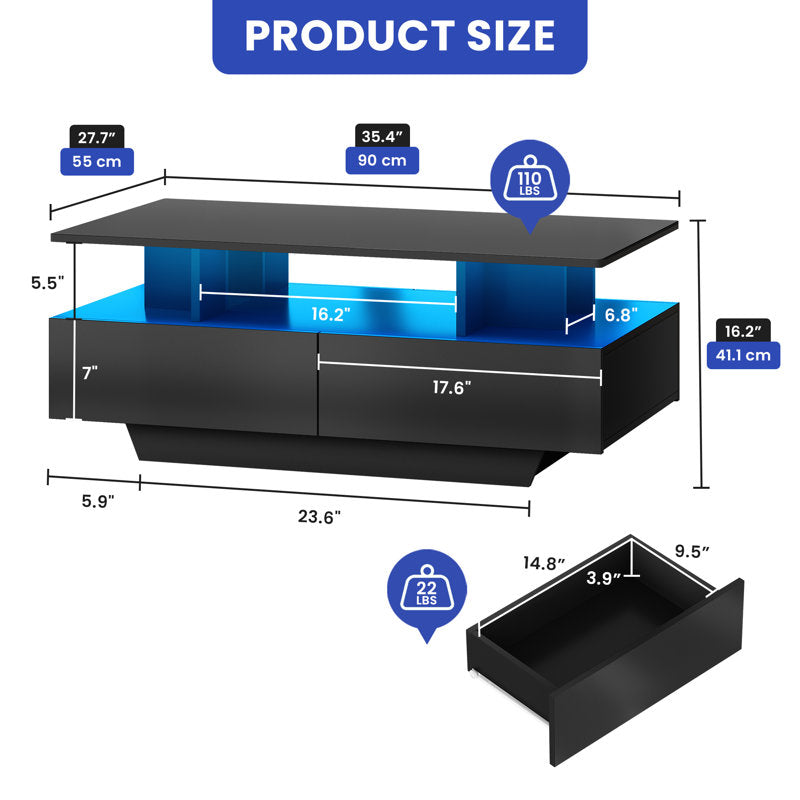 Contemporary Black LED Coffee Table With Storage Shelf  For Living Room