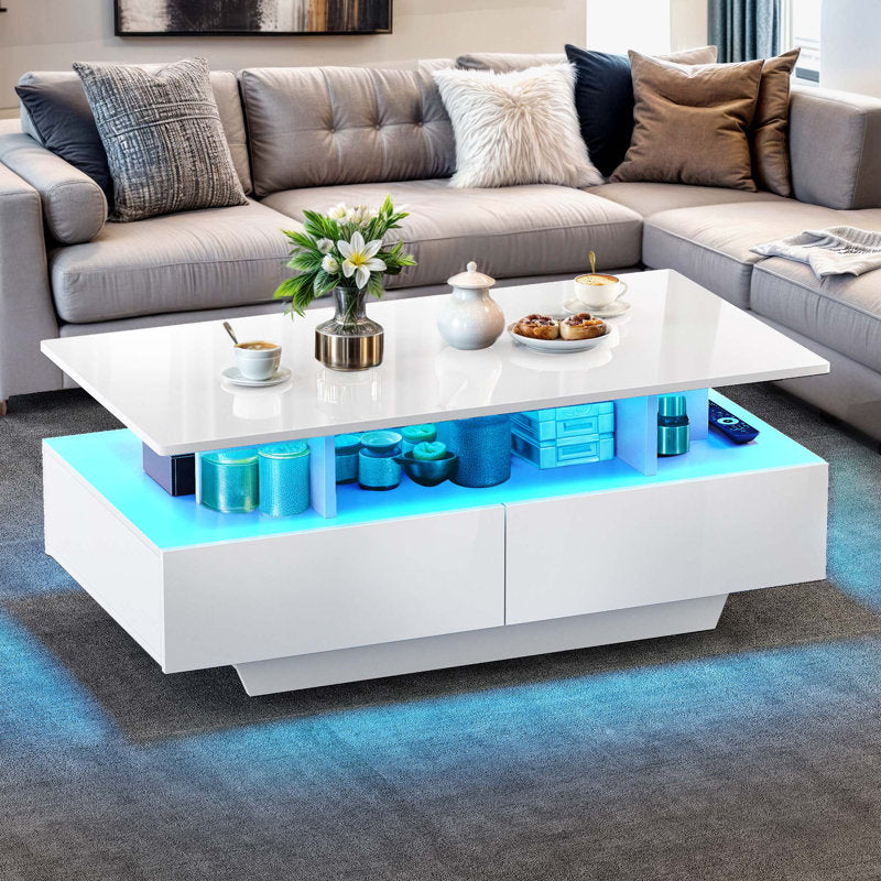 Contemporary White LED Coffee Table With Storage Shelf  For Living Room