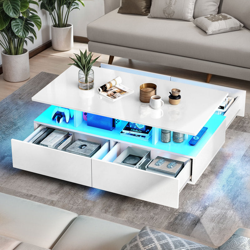 Contemporary White LED Coffee Table With Storage Shelf  For Living Room