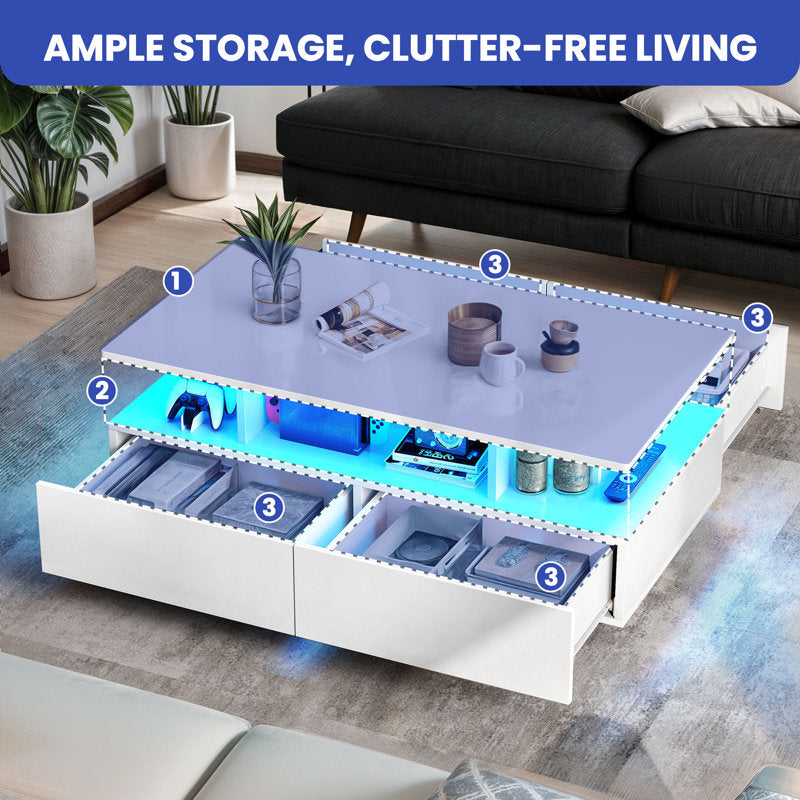 Contemporary White LED Coffee Table With Storage Shelf  For Living Room