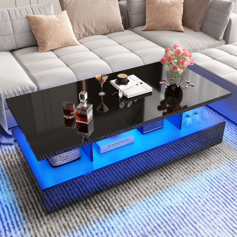 Modern Black LED Coffee Table With Open Storage Shelf For Living Room