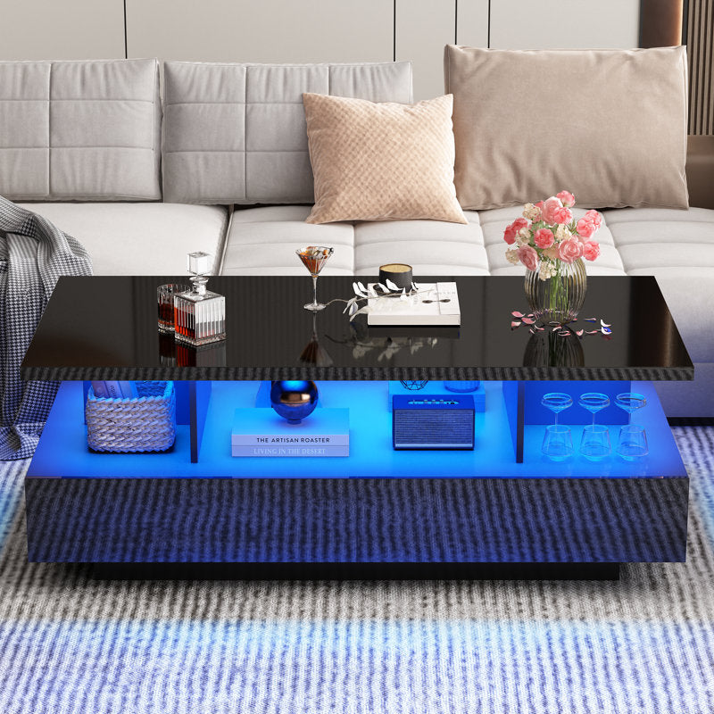 Modern Black LED Coffee Table With Open Storage Shelf For Living Room