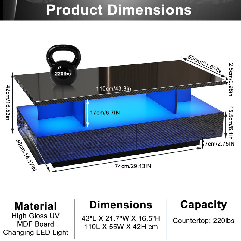 Modern Black LED Coffee Table With Open Storage Shelf For Living Room