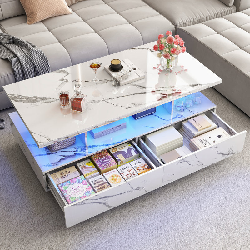 Modern White  LED Coffee Table With Open Storage Shelf For Living Room
