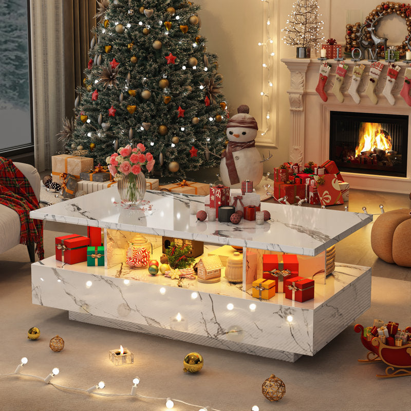 Modern White  LED Coffee Table With Open Storage Shelf For Living Room