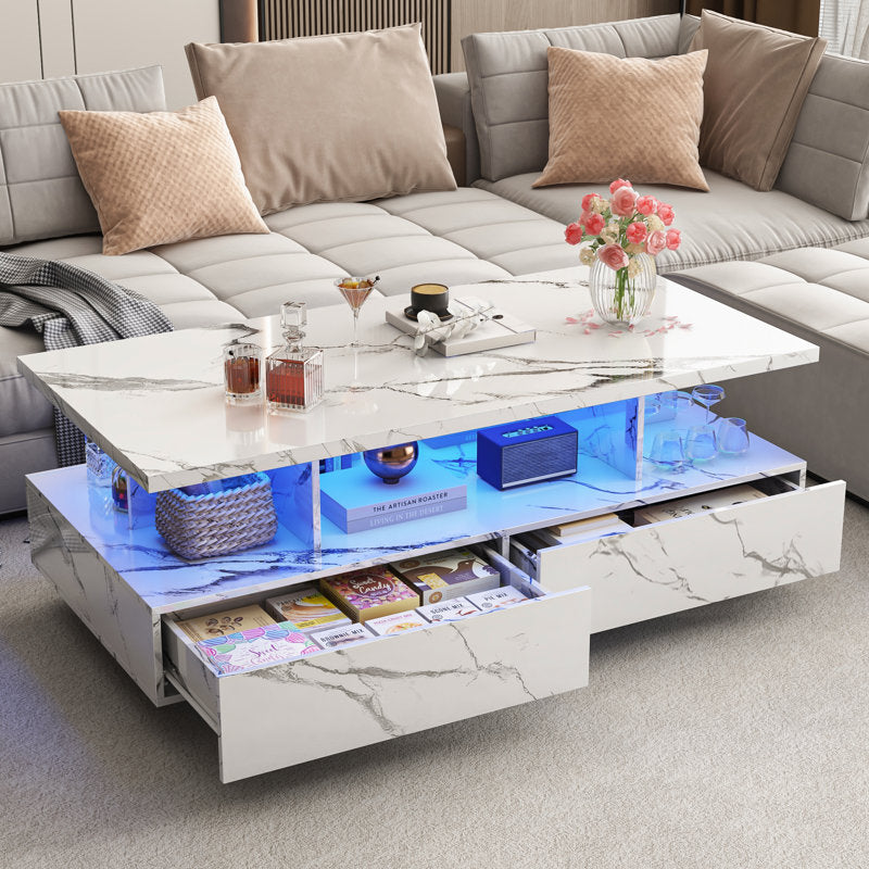 Modern White  LED Coffee Table With Open Storage Shelf For Living Room