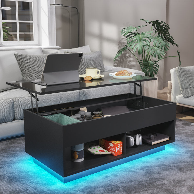 Rectangular Black LED Coffee Table With Lift Top & Hidden Storage