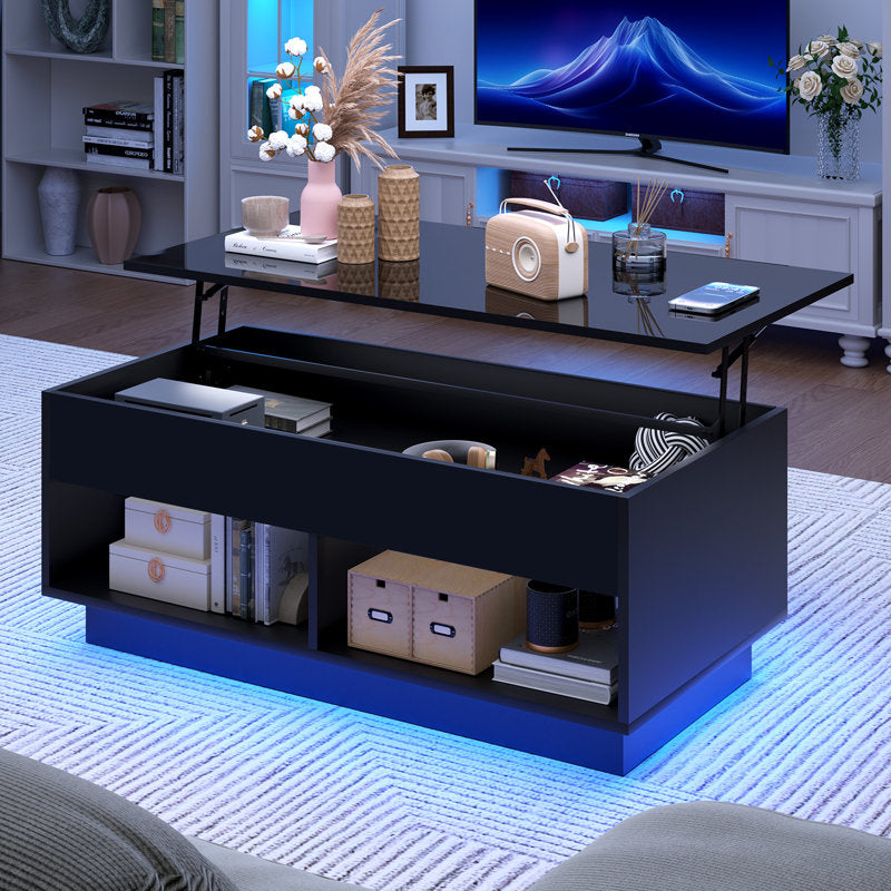 Rectangular Black LED Coffee Table With Lift Top & Hidden Storage