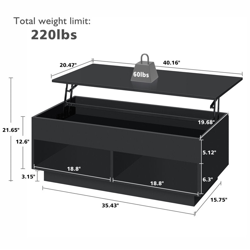 Rectangular Black LED Coffee Table With Lift Top & Hidden Storage