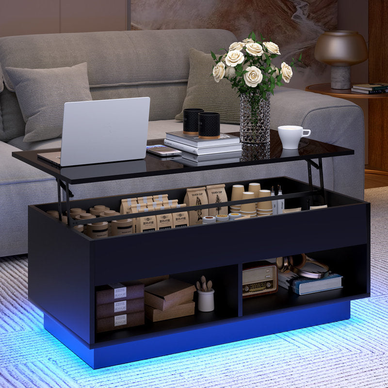Rectangular Black LED Coffee Table With Lift Top & Hidden Storage