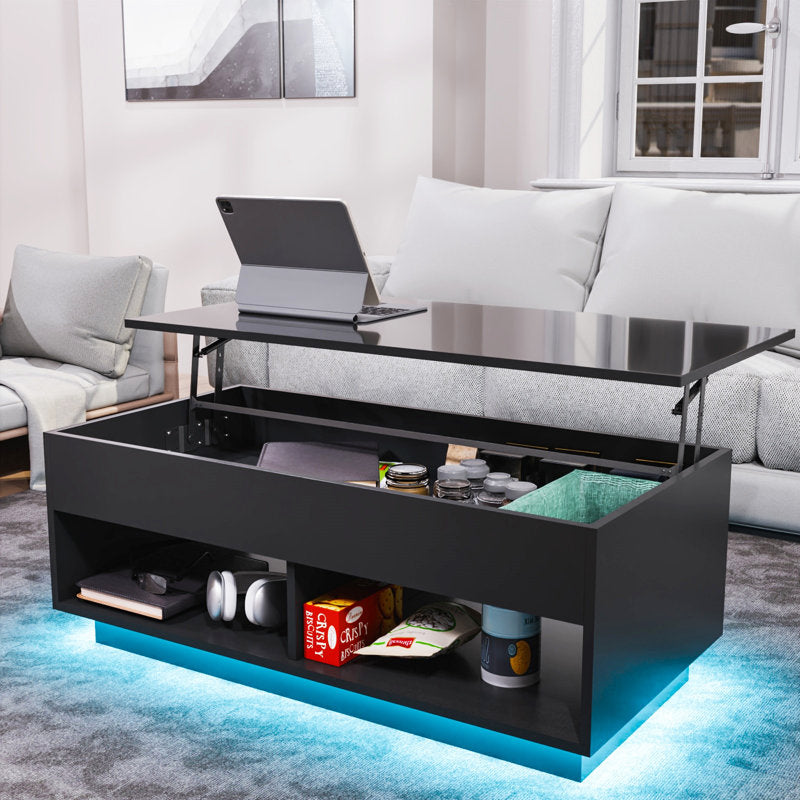 Rectangular Black LED Coffee Table With Lift Top & Hidden Storage