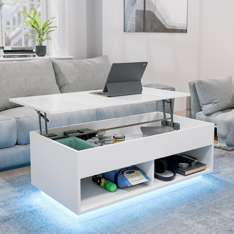 Rectangular White LED Coffee Table With Lift Top & Hidden Storage