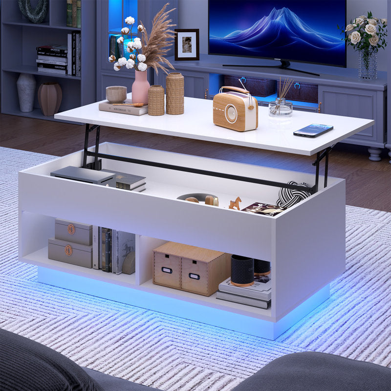 Rectangular White LED Coffee Table With Lift Top & Hidden Storage