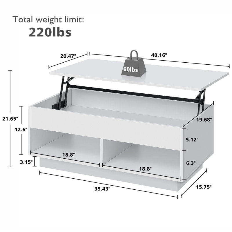 Rectangular White LED Coffee Table With Lift Top & Hidden Storage