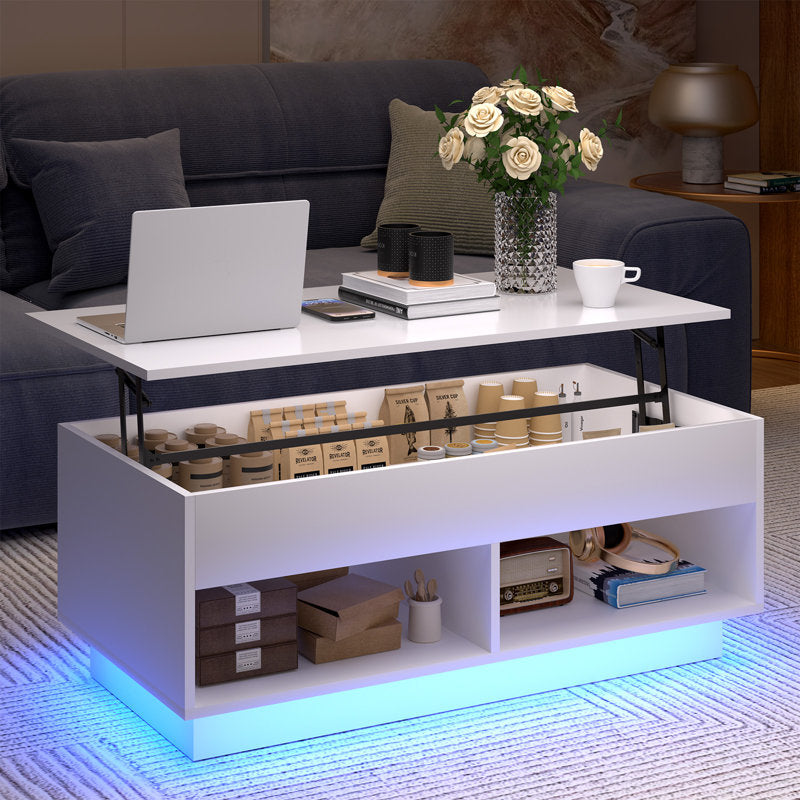 Rectangular White LED Coffee Table With Lift Top & Hidden Storage