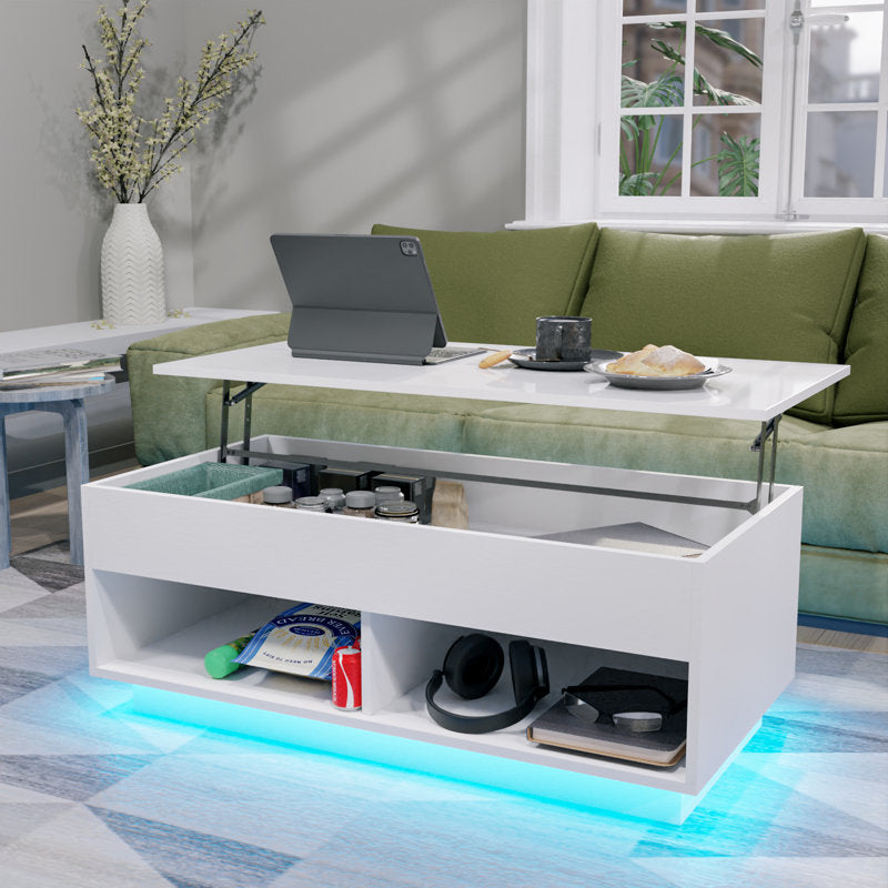 Rectangular White LED Coffee Table With Lift Top & Hidden Storage