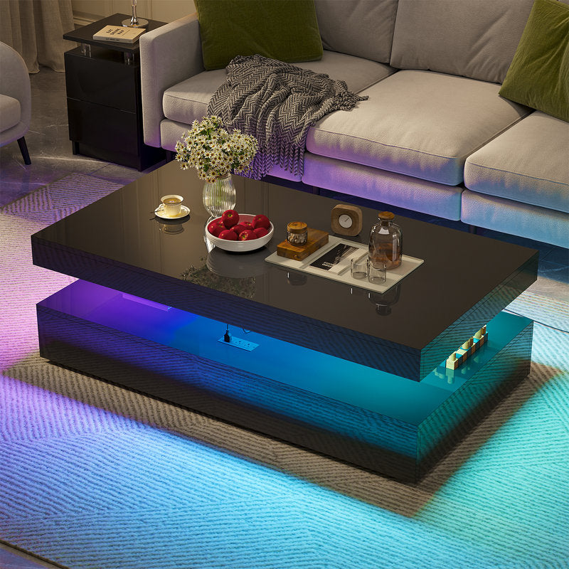 Contemporary Black LED Coffee Table With Storage Shelf & Modern Design