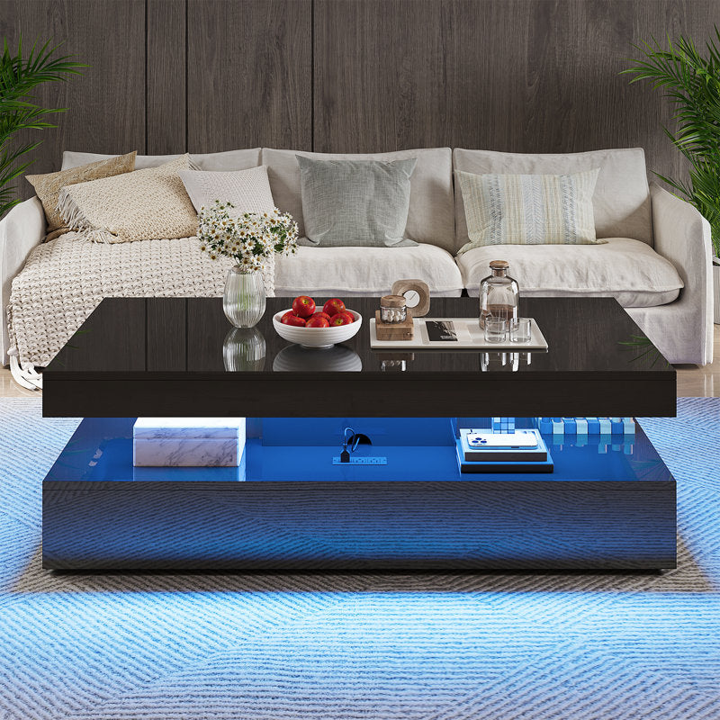 Contemporary Black LED Coffee Table With Storage Shelf & Modern Design