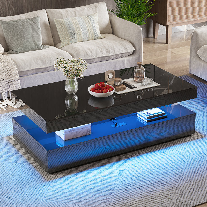 Contemporary Black LED Coffee Table With Storage Shelf & Modern Design