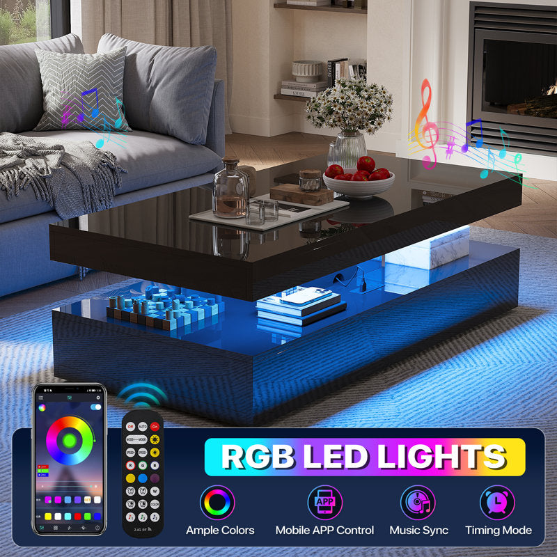 Contemporary Black LED Coffee Table With Storage Shelf & Modern Design