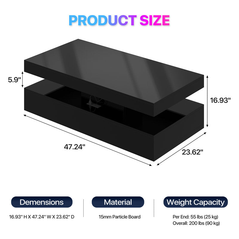 Contemporary Black LED Coffee Table With Storage Shelf & Modern Design