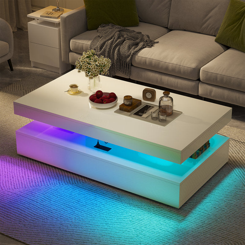 Contemporary White LED Coffee Table With Storage Shelf & Modern Design