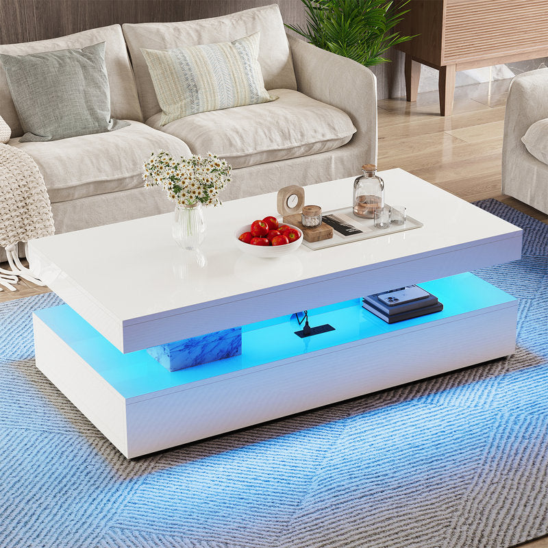 Contemporary White LED Coffee Table With Storage Shelf & Modern Design