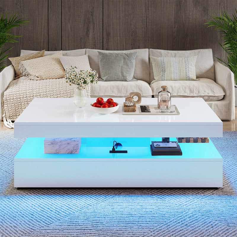 Contemporary White LED Coffee Table With Storage Shelf & Modern Design
