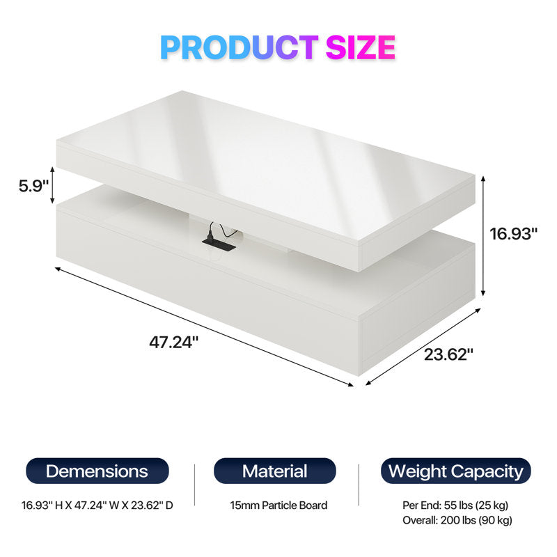 Contemporary White LED Coffee Table With Storage Shelf & Modern Design