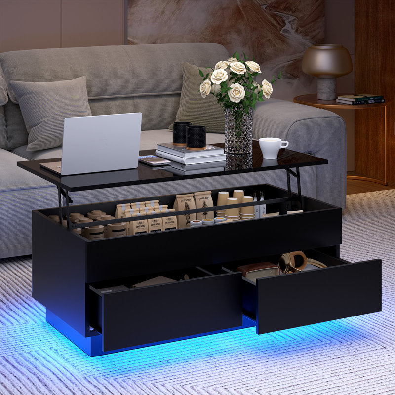 Contemporary Black LED Coffee Table With Storage Drawers & Shelf