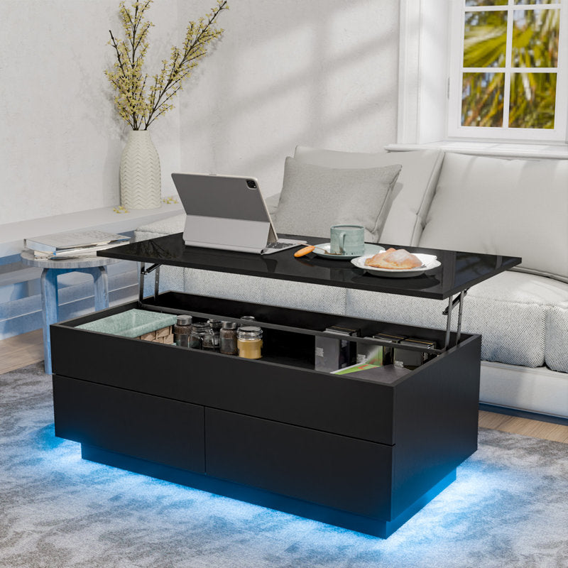 Contemporary Black LED Coffee Table With Storage Drawers & Shelf