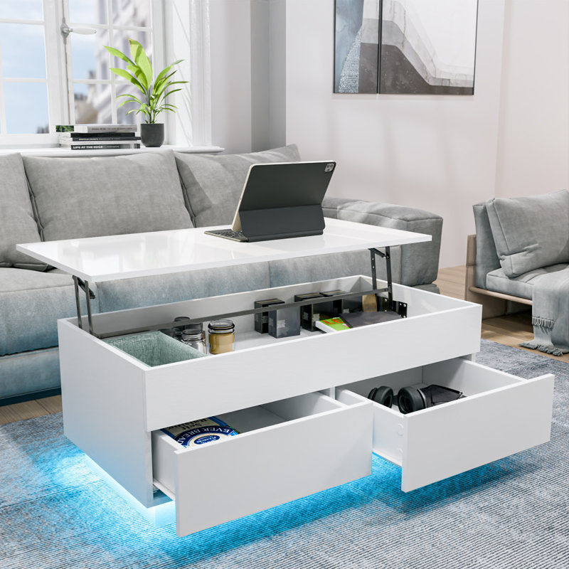 Contemporary White LED Coffee Table With Storage Drawers & Shelf